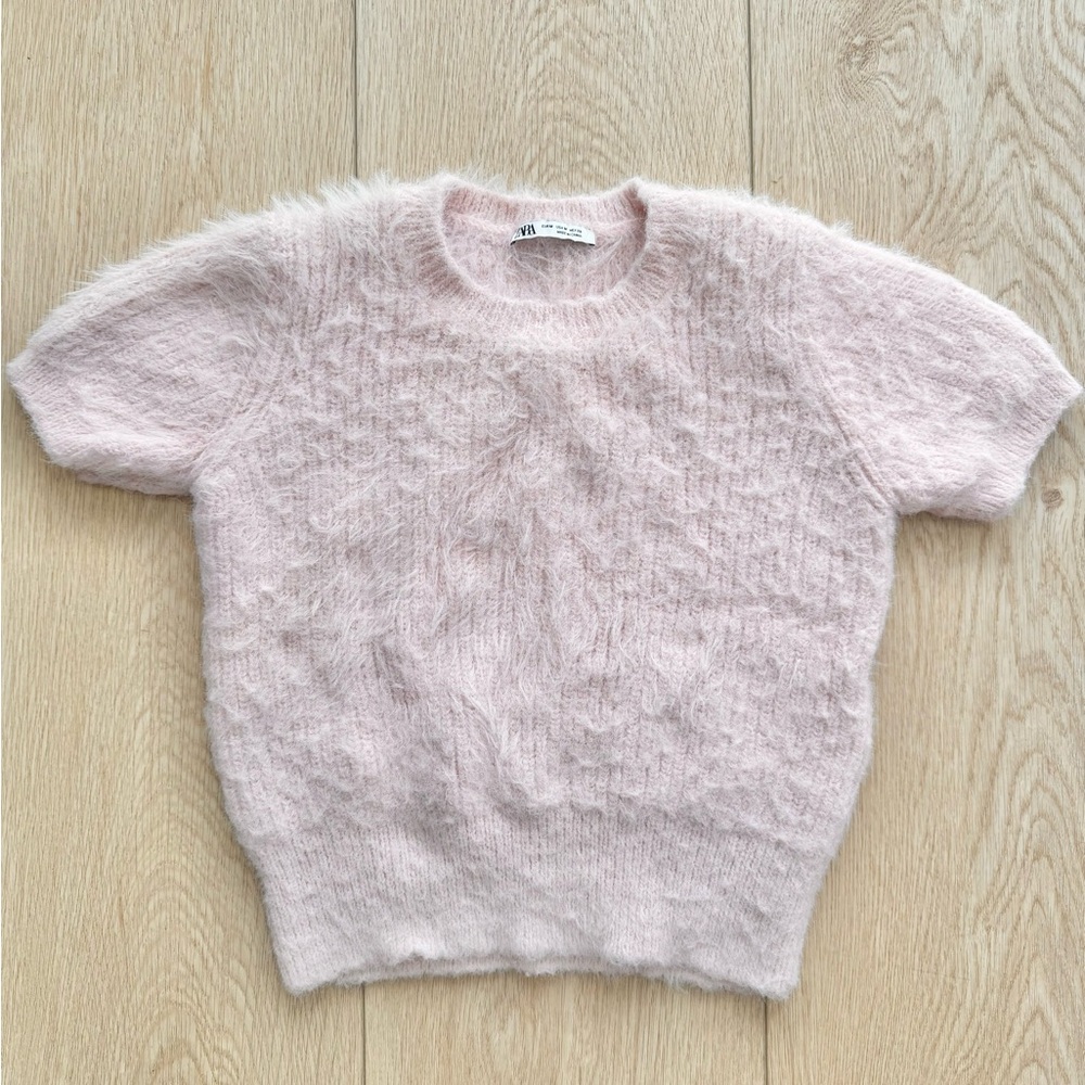Zara Pink Fuzzy Knit Crop Top | Stretchy | Soft & Chic